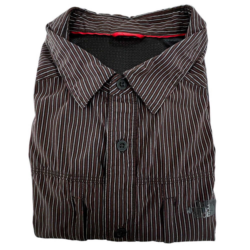 The North Face Men's Shirt Red Black White Stripes Roll Tab Zip Pockets Outdoor‎